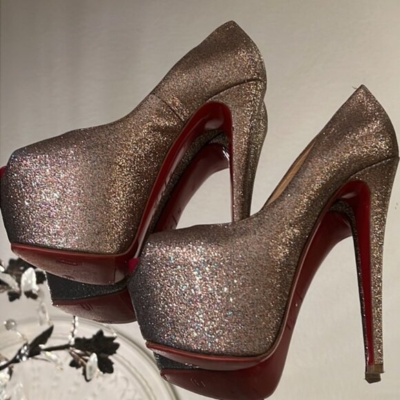 Christian Louboutin Sexy Gold Glitter Highness Platform Peep Toe Pumps - Picture 1 of 6